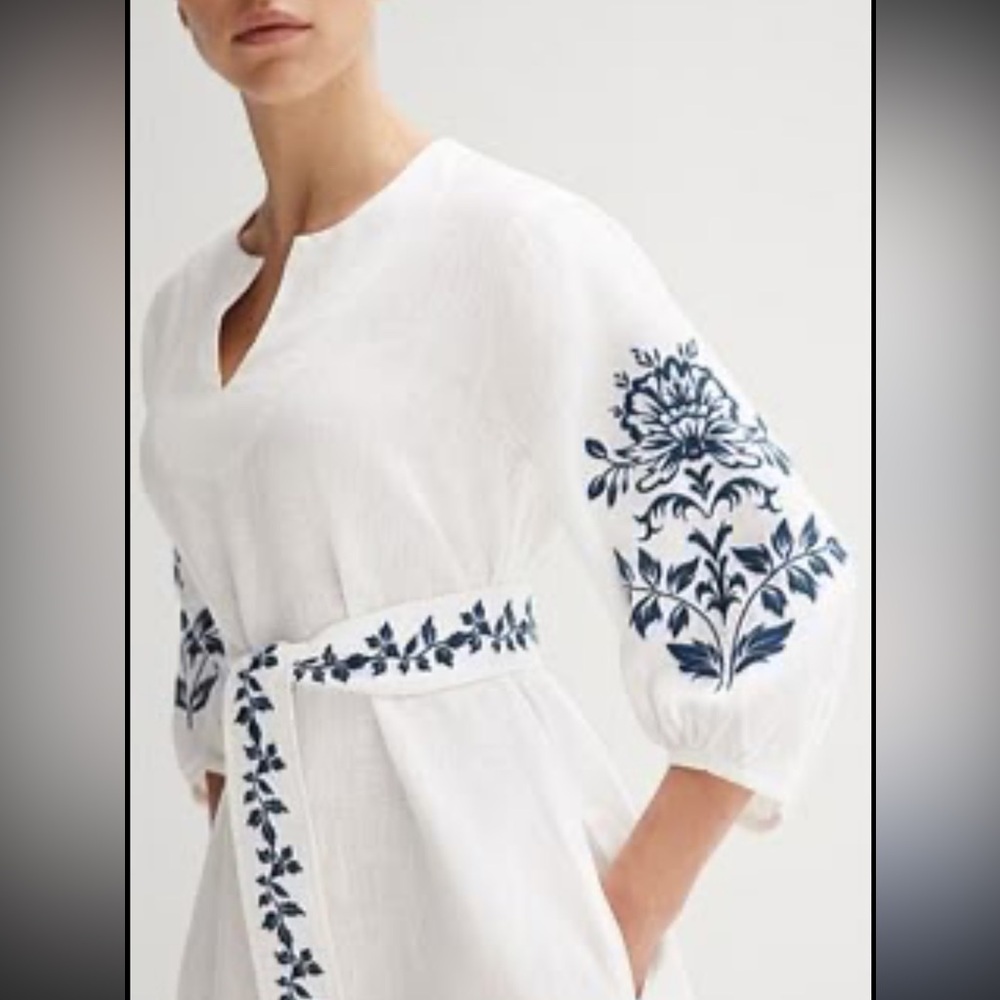 NWT Trenery White Linen Embroidered Detail Dress with tie belt
